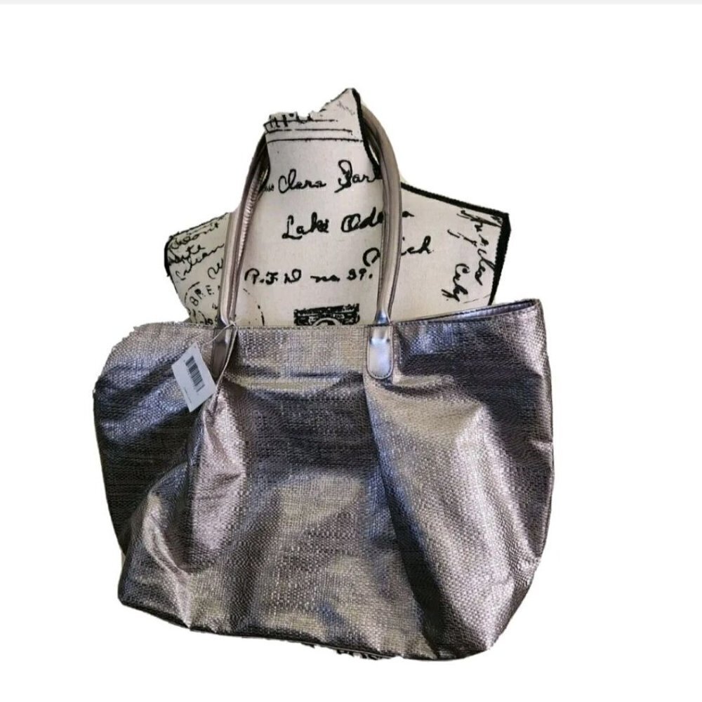 Nordstrom New Silver Metallic Textured Tote Bag